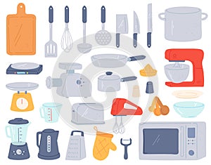 Kitchen tools. Cooking utensil and electric appliances for baking oven, mixer, scales, mincer. Home cookware in photo