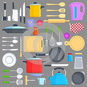 Kitchen tools, cookware and kitchenware flat icons