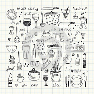 Kitchen tools doodle set. Hand drawn vector Illustration