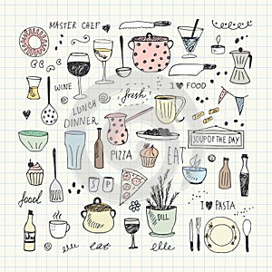 Kitchen tools doodle set. Hand drawn vector Illustration