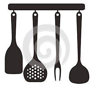Kitchen tools on a hanger. Isolated vector illustration on white background.