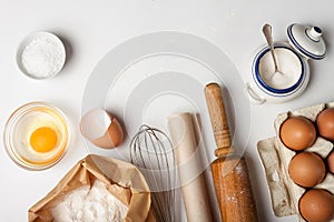 Kitchen tools and ingredients for cake or cookies