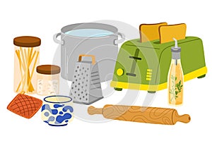 Kitchenware, cooking utensils. Cookware, household tools composition. Kitchen ware