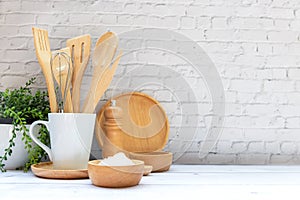 Kitchen tools and kitchenware utensil object with ingredients on kitchen shelf wood white for healthy eat