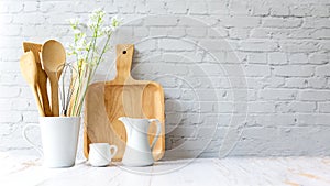 Kitchen tools and kitchenware utensil object on kitchen shelf wood white for healthy eat and health care life.