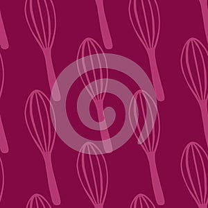 Kitchen tools seamless pattern with doodle corolla elements. Dark pink palette artwork. Cooking tools print