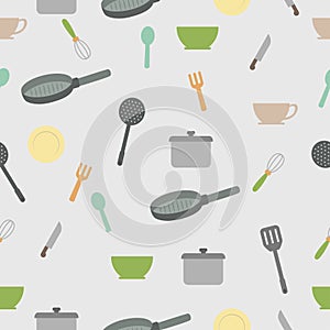 Kitchen tools seamless pattern with flat colorful design