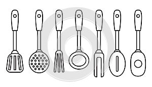 Kitchen tools set, black line icons isolated on white background, vector illustration.