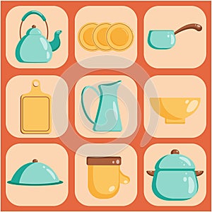 Kitchen tools set icon. Vector flat illustration Kitchenware collection. Cooking tools, utensils, cutlery