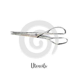 Kitchen tools utencils illustration. Hand drawn watercolor on white background.