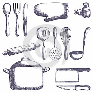 Kitchen tools. Vector set. Hand drawing