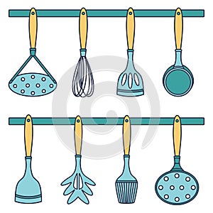 Kitchen tools vector set. Hand-drawn color illustration isolated on white background. Cutlery collection for cooking - spatula