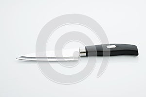 Kitchen: Top View of Kitchen Knife with Stainless Steel Blade on White Background
