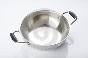 Kitchen: Top View of Stainless Steel Pan Isolated on White Background Shot in Studio