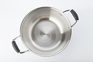 Kitchen: Top View of Stainless Steel Pan Isolated on White Background Shot in Studio