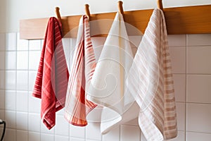 Kitchen towels haning on rack. Generate AI photo