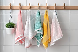 Kitchen towels haning on steel rack. Generate AI photo
