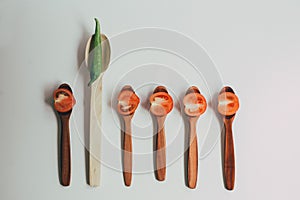 Kitchen utencils set for takeaway business: wooden recycling eco spoon, fork isolated on white side view. Eco style, wood, wooden