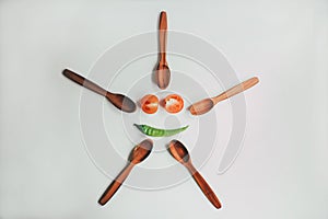 Kitchen utencils set for takeaway business: wooden recycling eco spoon, fork isolated on white side view. Eco style, wood, wooden