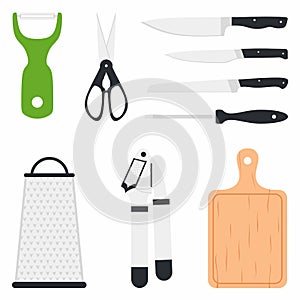 Kitchen utensil design elements set collection. Peeler, scissor, knife, wooden cutting boards, grater. Vector cooking and