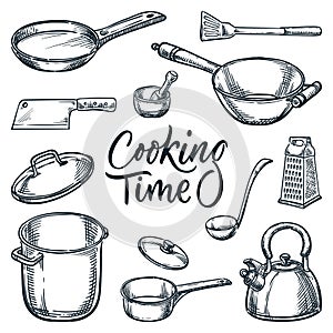 Kitchen utensil design elements set. Vector sketch illustration. Cooking and kitchenware tools collection