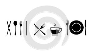 Kitchen utensil icon. Spoon, fork, knife, cup and plate sign. Vector on isolated white background. EPS 10