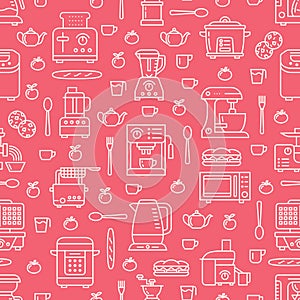 Kitchen utensil, small appliances red seamless pattern with flat line icons. Background with household cooking tools -