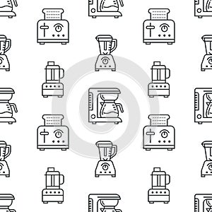Kitchen utensil, small appliances seamless pattern flat line icons black white. Background household cooking tools -