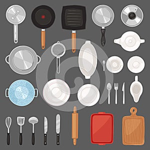 Kitchen utensil vector kitchenware or cookware for cooking food set of pan cutlery and plate illustration of dishware