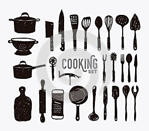 Kitchen utensils in black doodle style collection isolated background