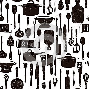 Kitchen utensils black doodle style seamless pattern background