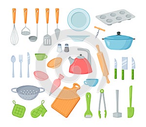 Kitchen utensils. Cartoon cooking tools and kitchen utensils, dishes cups pans pots and knives. Vector set