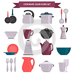 Kitchen utensils color flat icons set for web and mobile design