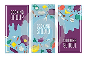 Kitchen utensils and cooking banners set, vector illustration. Food and recipe kitchenware utensils, spices on table