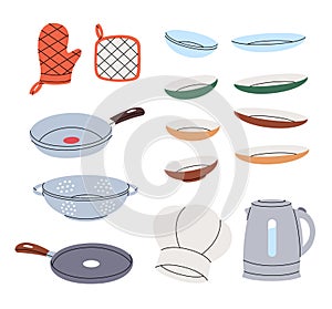 Kitchen utensils. Cooking glove, ceramic plates, frying pan, sieve, colande, electric kettle, chef hat. Vector