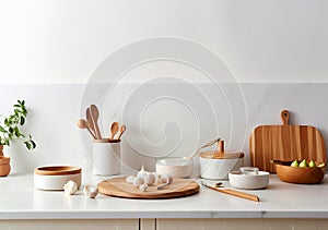 Kitchen utensils, cooking ingredients and kitchenware on white counter table, AI Generated