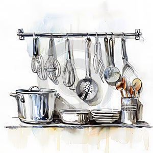 Kitchen Utensils and Cookware Watercolor Illustration