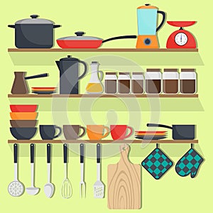 Kitchen utensils and crockery on the shelves, set. Pots, pans, blender, scales, kettle, cups, plates, potholders, boards. Vector i