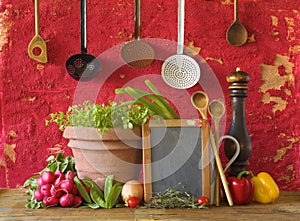 Kitchen utensils, food ingredients