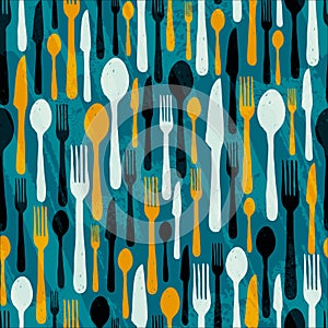 Kitchen utensils fork, knife, spoon in doodle style seamless pattern background