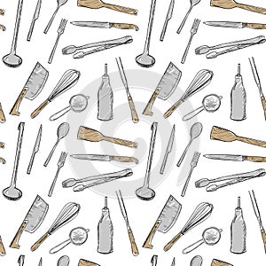 Kitchen utensils graphic art seamless pattern