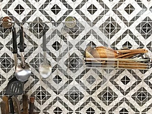 Kitchen utensils hanging on wall