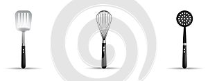 Kitchen utensils isolated on white background. Spatula, skimmer and whisk. Vector illustration.