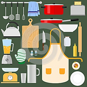 Kitchen utensils and items for cooking.