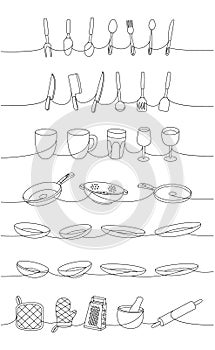 Kitchen utensils one line continuous drawing. Kitchen cooking tools and appliances, kitchenware, utensil continuous one