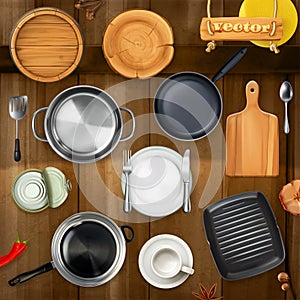 Kitchen utensils. Pots, pans, plates. 3d vector