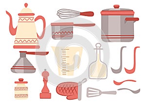 Kitchen utensils set. Kitchenware, cookware, kitchen tools collection. Modern kitchen utensil icons in arabic style. Flat