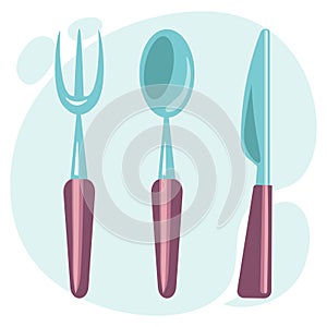 Kitchen utensils, set, spoon, fork and knife on an abstract background. Icon, illustration