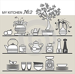 Kitchen utensils on shelves