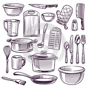 Kitchen utensils. Sketch cooking equipment. Frying pan, knife and fork, spoon and bowl, cup and glass, cutting board